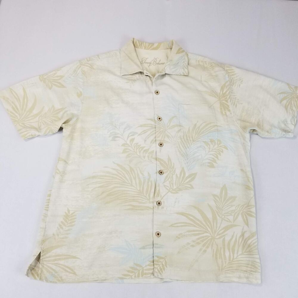 Tommy Bahama Shirt Mens Large Beige 100% Silk Hawaiian Aloha Short Sleeve Camp